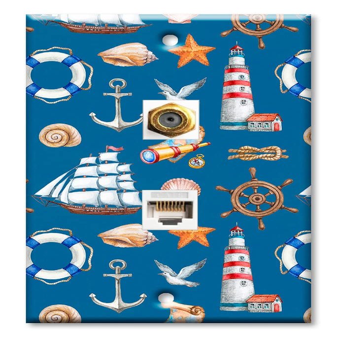 Art Plates - Decorative Printed 2 Port Data Wall Plate, RJ11 Telephone Jack Connector with RJ45 (Cat5, Cat6, Cat7) Ethernet Connector, Gold-Plated - Nautical Seamless