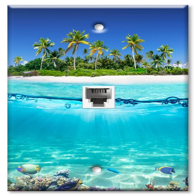 Art Plates - One Port RJ11 - Telephone decorative printed keystone style wall plate. CAT3 - RJ12 Female to Female phone jack. Works for phones, fax, ect. - Tropical Ocean Island Beach