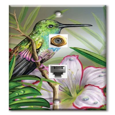 Art Plates - Decorative Printed 2 Port Data Wall Plate, F-Type Coaxial Cable Connector with RJ11 Telephone Connector, Gold-Plated - Hummingbird at Rest