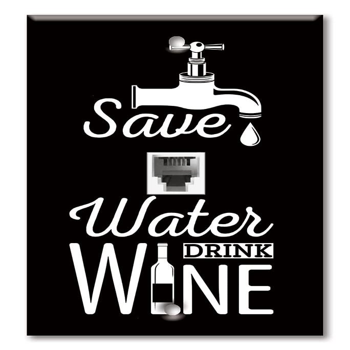 Art Plates - One Port RJ45 Ethernet decorative printed keystone style wall plate. Works with Cat5 through Cat8 cables. Female to Female Connection. - Save Water Drink Wine