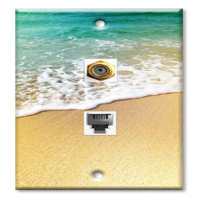 Art Plates - Decorative Printed 2 Port Data Wall Plate, F-Type Coaxial Cable Connector with RJ11 Telephone Connector, Gold-Plated - Foamy Waves on the Beach