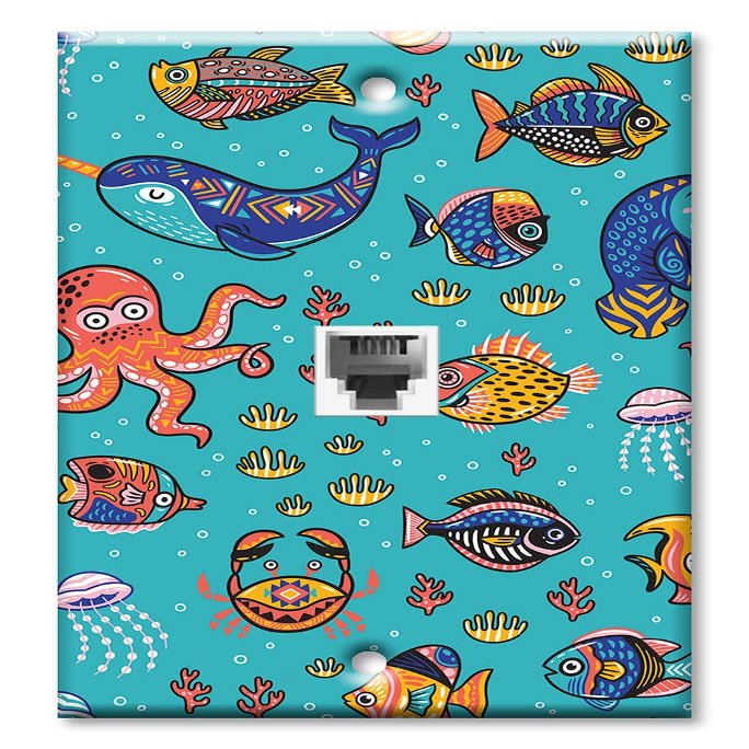 Art Plates - One Port RJ11 - Telephone decorative printed keystone style wall plate. CAT3 - RJ12 Female to Female phone jack. Works for phones, fax, ect. - Whimsical Sea Creatures