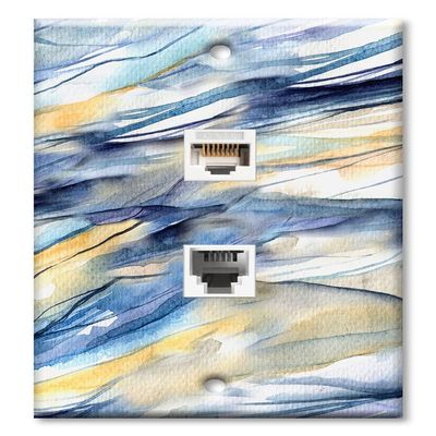 Art Plates - Decorative Printed 2 Port Data Wall Plate - RJ11 Telephone Jack Connector and RJ45 (Cat5, Cat6, Cat7) Ethernet Connector - Gold-Plated Contacts - Blue and Tan Watercolor