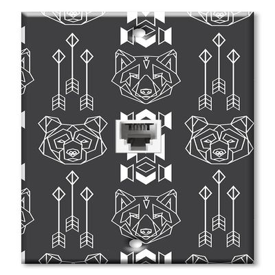 Art Plates - Decorative Printed 2 Port Data Wall Plate, RJ11 Telephone Jack Connector with RJ45 (Cat5, Cat6, Cat7) Ethernet Connector, Gold-Plated - Bear and Wolf