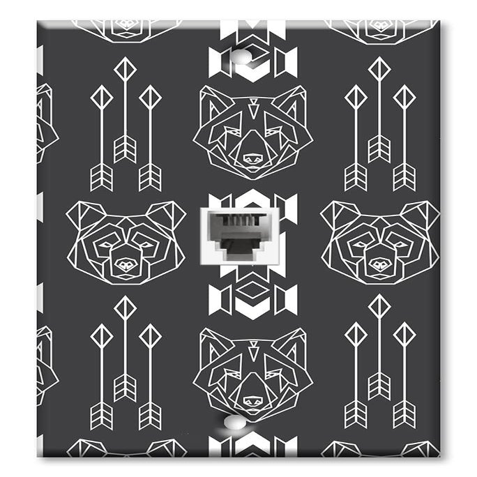 Art Plates - Decorative Printed 2 Port Data Wall Plate, RJ11 Telephone Jack Connector with RJ45 (Cat5, Cat6, Cat7) Ethernet Connector, Gold-Plated - Bear and Wolf