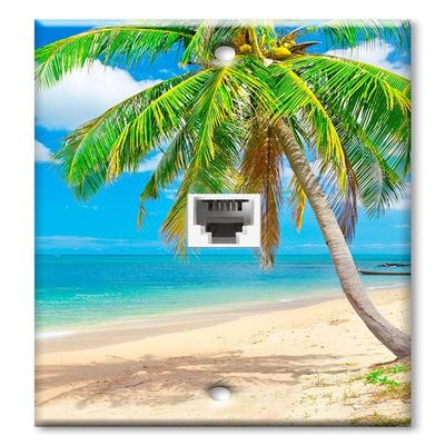 Art Plates - One Port RJ11 - Telephone decorative printed keystone style wall plate. CAT3 - RJ12 Female to Female phone jack. Works for phones, fax, ect. - Palm Tree on the Beach