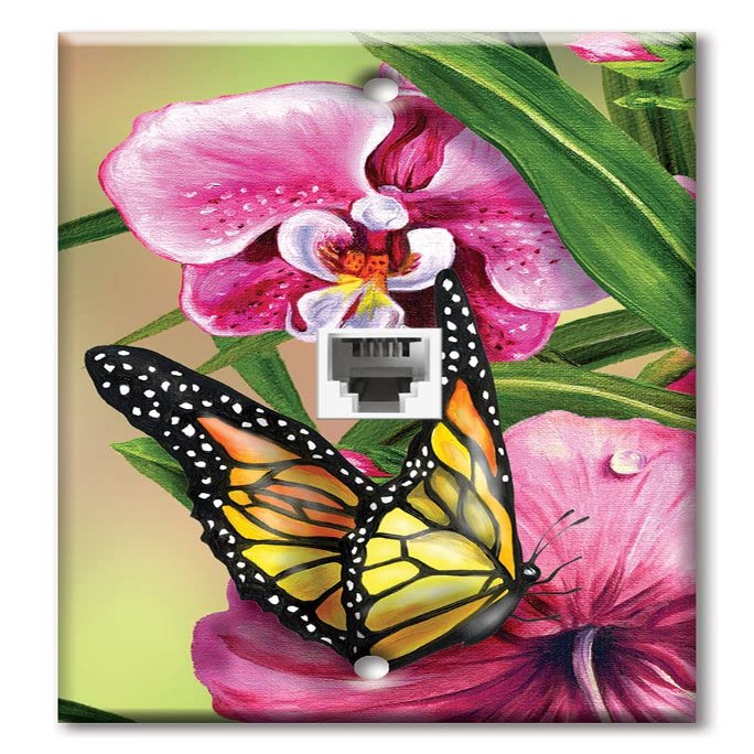 Art Plates - One Port RJ11 - Telephone decorative printed keystone style wall plate. CAT3 - RJ12 Female to Female phone jack. Works for phones, fax, ect. - Monarch and Flowers