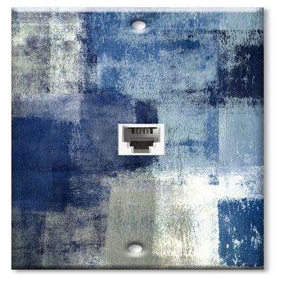 Art Plates - One Port RJ11 - Telephone decorative printed keystone style wall plate. CAT3 - RJ12 Female to Female phone jack. Works for phones, fax, ect. - Blue and Grey Abstract Art