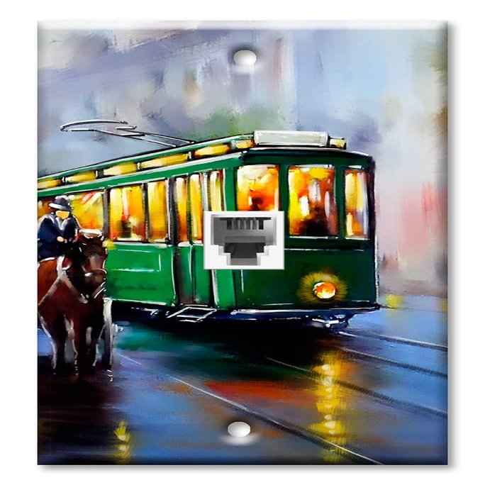 Art Plates - One Port RJ11 - Telephone decorative printed keystone style wall plate. CAT3 - RJ12 Female to Female phone jack. Works for phones, fax, ect. - Cable Car Painting