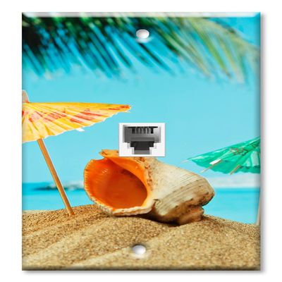 Art Plates - One Port RJ11 - Telephone decorative printed keystone style wall plate. CAT3 - RJ12 Female to Female phone jack. Works for phones, fax, ect. - Seashell and Umbrella's on the Beach