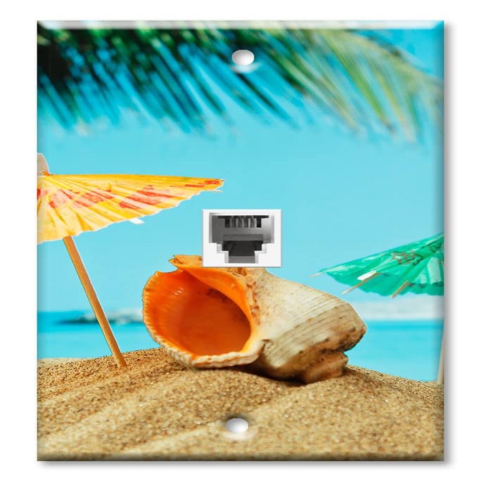 Art Plates - One Port RJ11 - Telephone decorative printed keystone style wall plate. CAT3 - RJ12 Female to Female phone jack. Works for phones, fax, ect. - Seashell and Umbrella's on the Beach