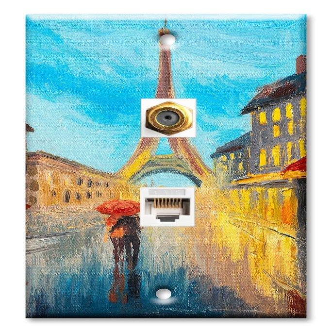 Art Plates - Decorative Printed 2 Port Data Wall Plate, RJ11 Telephone Jack Connector with RJ45 (Cat5, Cat6, Cat7) Ethernet Connector, Gold-Plated - Pairs in the Rain