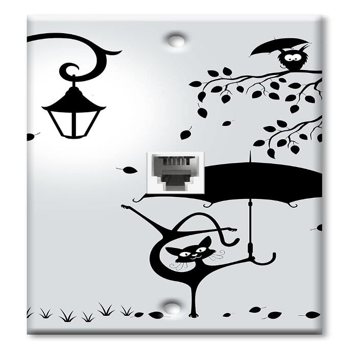 Art Plates - One Port RJ11 - Telephone decorative printed keystone style wall plate. CAT3 - RJ12 Female to Female phone jack. Works for phones, fax, ect. - Cat with an Umbrella