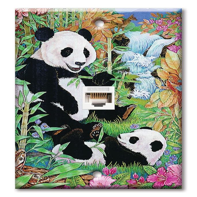 Art Plates - One Port RJ45 Ethernet decorative printed keystone style wall plate. Works with Cat5 through Cat8 cables. Female to Female Connection. - Pandas