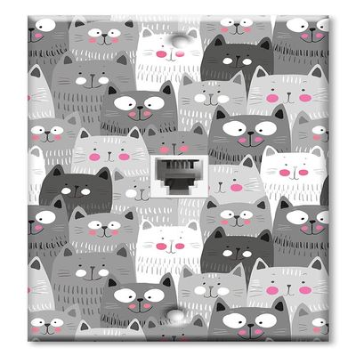 Art Plates - One Port RJ11 - Telephone decorative printed keystone style wall plate. CAT3 - RJ12 Female to Female phone jack. Works for phones, fax, ect. - Gray and White Cat Toss