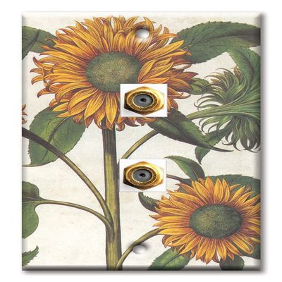Art Plates - Decorative Printed 2 Port Coax Cable Wall Plate, 3GHz Coaxial Cable Connector, F-Type RG6 - RG59 Cable Extender Male to Male, Gold-Plated - Sunflowers