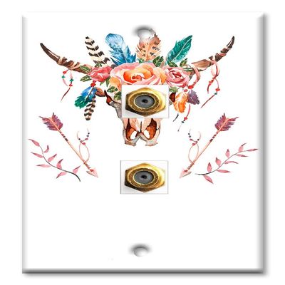Art Plates - Decorative Printed 2 Port Coax Cable Wall Plate, 3GHz Coaxial Cable Connector, F-Type RG6 - RG59 Cable Extender Male to Male, Gold-Plated - Bull Skull Flowers and Arrows