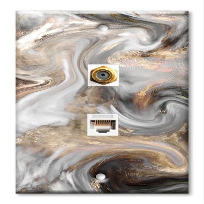 Art Plates - Decorative Printed 2 Port Data Wall Plate, RJ11 Telephone Jack Connector with RJ45 (Cat5, Cat6, Cat7) Ethernet Connector, Gold-Plated - Grey and Brown Swirl Marble - Granite Print