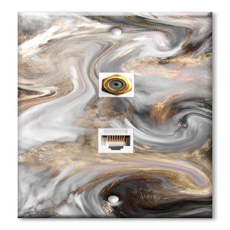 Art Plates - Decorative Printed 2 Port Data Wall Plate, RJ11 Telephone Jack Connector with RJ45 (Cat5, Cat6, Cat7) Ethernet Connector, Gold-Plated - Grey and Brown Swirl Marble - Granite Print