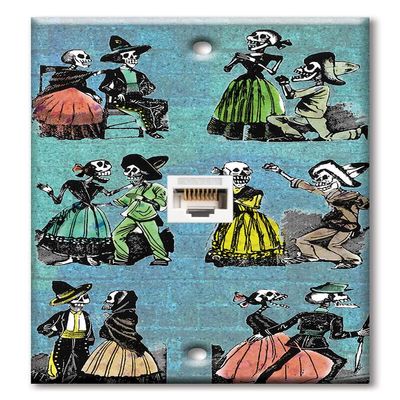 Art Plates - One Port RJ45 Ethernet decorative printed keystone style wall plate. Works with Cat5 through Cat8 cables. Female to Female Connection. - Los Muertos