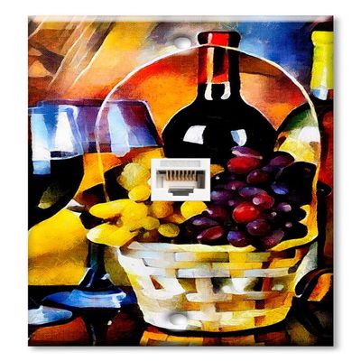 Art Plates - One Port RJ45 Ethernet decorative printed keystone style wall plate. Works with Cat5 through Cat8 cables. Female to Female Connection. - Colorful Wine Basket