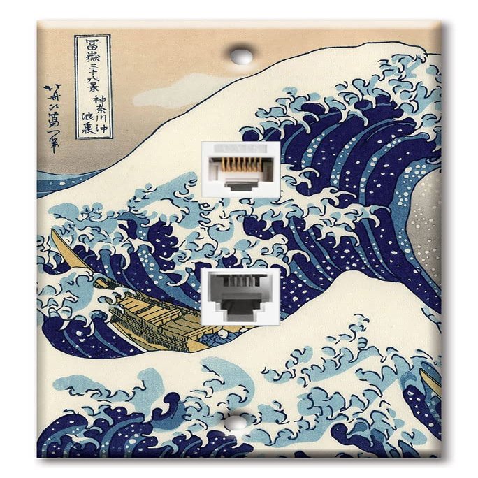 Art Plates - Decorative Printed 2 Port Data Wall Plate - RJ11 Telephone Jack Connector and RJ45 (Cat5, Cat6, Cat7) Ethernet Connector - Gold-Plated Contacts - Hokusai: Great Wave