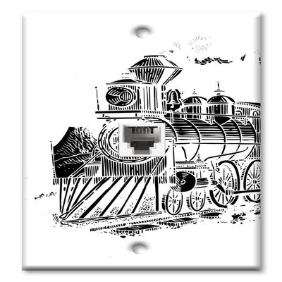 Art Plates - One Port RJ11 - Telephone decorative printed keystone style wall plate. CAT3 - RJ12 Female to Female phone jack. Works for phones, fax, ect. - Old Steam Train Black and White