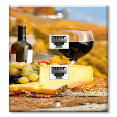 Art Plates - Two Port RJ11 - Telephone decorative printed keystone style wall plate. CAT3 - RJ12 Female to Female phone jack. Works for phones, fax, ect. - Red Wine and Cheese