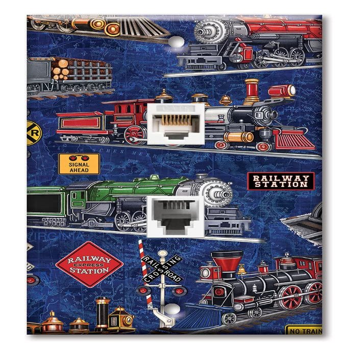 Art Plates - Decorative Printed 2 Port Data Wall Plate - RJ11 Telephone Jack Connector and RJ45 (Cat5, Cat6, Cat7) Ethernet Connector - Gold-Plated Contacts - Steam Locomotives (blue)