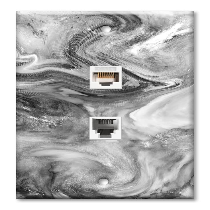 Art Plates - Decorative Printed 2 Port Data Wall Plate - RJ11 Telephone Jack Connector and RJ45 (Cat5, Cat6, Cat7) Ethernet Connector - Gold-Plated Contacts - Grey Swirl Marble - Granite Print