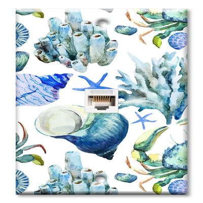 Art Plates - One Port RJ45 Ethernet decorative printed keystone style wall plate. Works with Cat5 through Cat8 cables. Female to Female Connection. - Watercolor Coral Reef