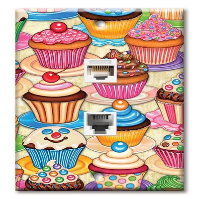 Art Plates - Decorative Printed 2 Port Data Wall Plate - RJ11 Telephone Jack Connector and RJ45 (Cat5, Cat6, Cat7) Ethernet Connector - Gold-Plated Contacts - Cupcakes