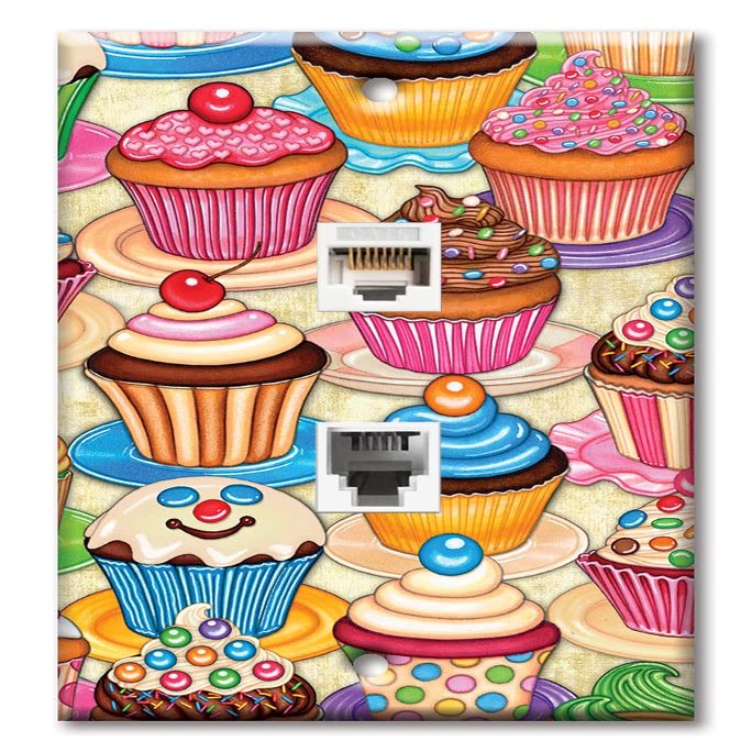Art Plates - Decorative Printed 2 Port Data Wall Plate - RJ11 Telephone Jack Connector and RJ45 (Cat5, Cat6, Cat7) Ethernet Connector - Gold-Plated Contacts - Cupcakes