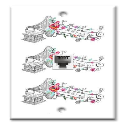 Art Plates - One Port RJ11 - Telephone decorative printed keystone style wall plate. CAT3 - RJ12 Female to Female phone jack. Works for phones, fax, ect. - Vintage Gramophone