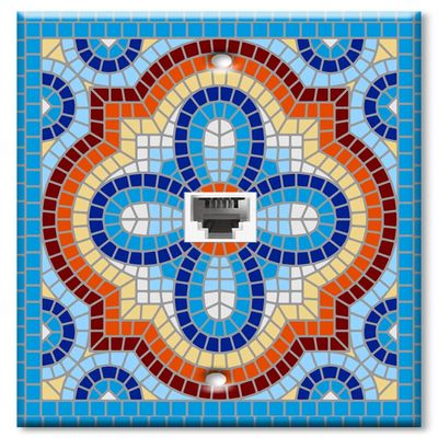 Art Plates - Two Port RJ45 Ethernet decorative printed keystone style wall plate. Works with Cat5 through Cat8 cables. Female to Female Connections. - Aqua Spanish Mosaic Tile Print