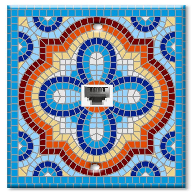Art Plates - Two Port RJ45 Ethernet decorative printed keystone style wall plate. Works with Cat5 through Cat8 cables. Female to Female Connections. - Aqua Spanish Mosaic Tile Print
