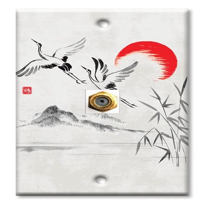 Art Plates - Decorative Printed 1 Port Coax Cable Wall Plate, 3GHz Coaxial Cable Connector, F-Type RG6 - RG59 Cable Extender Male to Male, Gold-Plated - Cranes Flying by the Sun Drawing