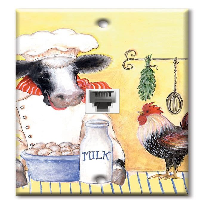 Art Plates - One Port RJ11 - Telephone decorative printed keystone style wall plate. CAT3 - RJ12 Female to Female phone jack. Works for phones, fax, ect. - Cow Chef