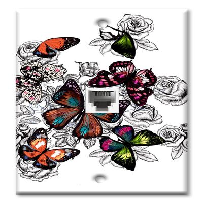 Art Plates - One Port RJ11 - Telephone decorative printed keystone style wall plate. CAT3 - RJ12 Female to Female phone jack. Works for phones, fax, ect. - Colorful Butterflies with Roses