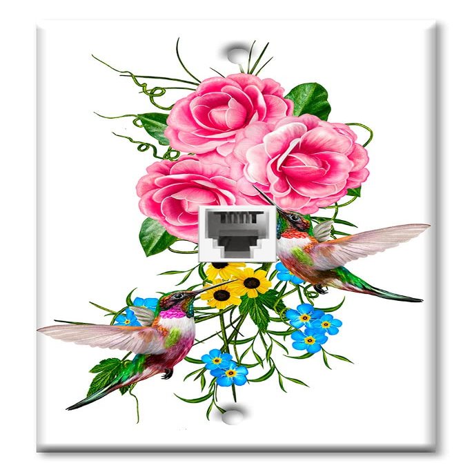 Art Plates - One Port RJ11 - Telephone decorative printed keystone style wall plate. CAT3 - RJ12 Female to Female phone jack. Works for phones, fax, ect. - Hummingbirds In Flowers