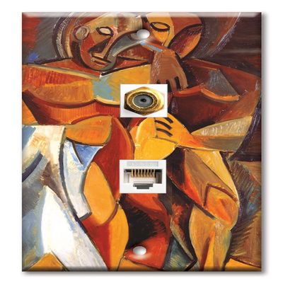 Art Plates - Decorative Printed 2 Port Data Wall Plate, RJ11 Telephone Jack Connector with RJ45 (Cat5, Cat6, Cat7) Ethernet Connector, Gold-Plated - Picasso: L'Amitie