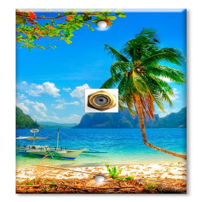 Art Plates - Decorative Printed 1 Port Coax Cable Wall Plate, 3GHz Coaxial Cable Connector, F-Type RG6 - RG59 Cable Extender Male to Male, Gold-Plated - Catamaran Tied off on the Beach
