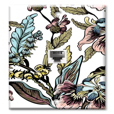 Art Plates - One Port RJ11 - Telephone decorative printed keystone style wall plate. CAT3 - RJ12 Female to Female phone jack. Works for phones, fax, ect. - Blue and Pink Flower Drawing