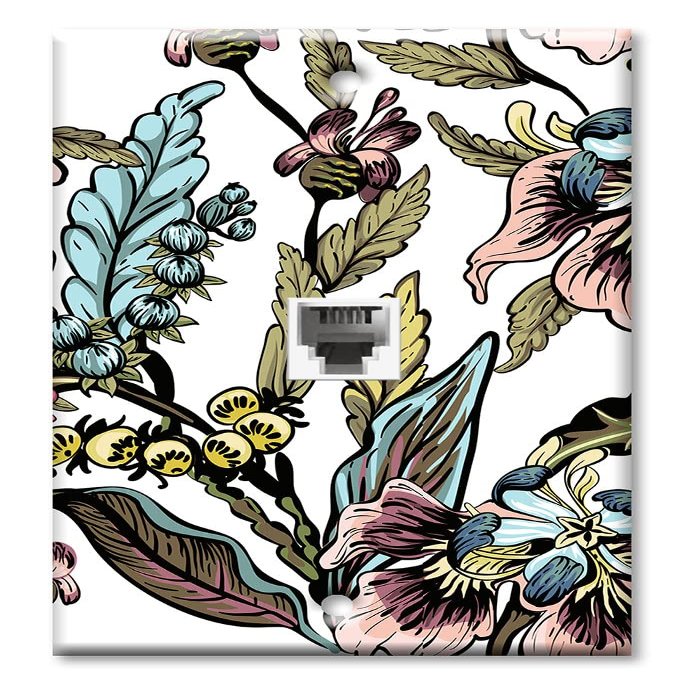 Art Plates - One Port RJ11 - Telephone decorative printed keystone style wall plate. CAT3 - RJ12 Female to Female phone jack. Works for phones, fax, ect. - Blue and Pink Flower Drawing