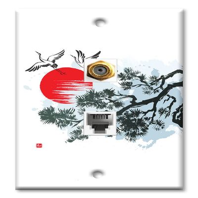 Art Plates - Decorative Printed 2 Port Data Wall Plate, F-Type Coaxial Cable Connector with RJ11 Telephone Connector, Gold-Plated - Cranes Flying by a Tree Drawing