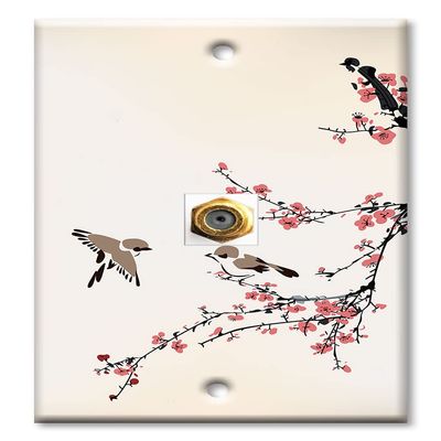Art Plates - Decorative Printed 1 Port Coax Cable Wall Plate, 3GHz Coaxial Cable Connector, F-Type RG6 - RG59 Cable Extender Male to Male, Gold-Plated - Birds on a Cherry Blossom