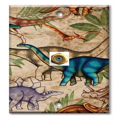 Art Plates - Decorative Printed 1 Port Coax Cable Wall Plate, 3GHz Coaxial Cable Connector, F-Type RG6 - RG59 Cable Extender Male to Male, Gold-Plated - Jungle Dinosaurs