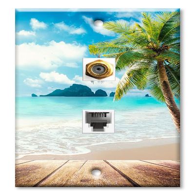 Art Plates - Decorative Printed 2 Port Data Wall Plate, F-Type Coaxial Cable Connector with RJ11 Telephone Connector, Gold-Plated - Beach Boardwalk