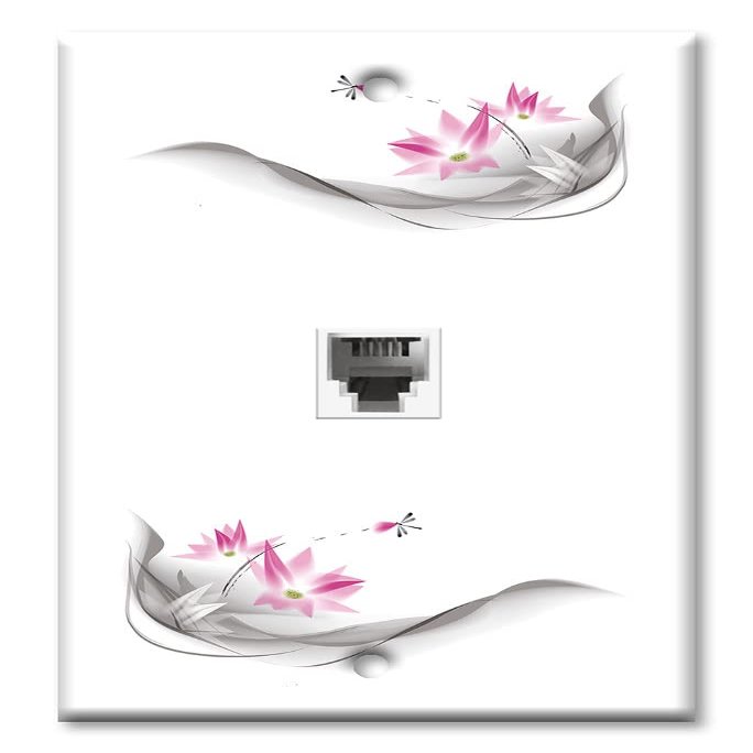 Art Plates - One Port RJ11 - Telephone decorative printed keystone style wall plate. CAT3 - RJ12 Female to Female phone jack. Works for phones, fax, ect. - Pink Flowers and Dragonfly