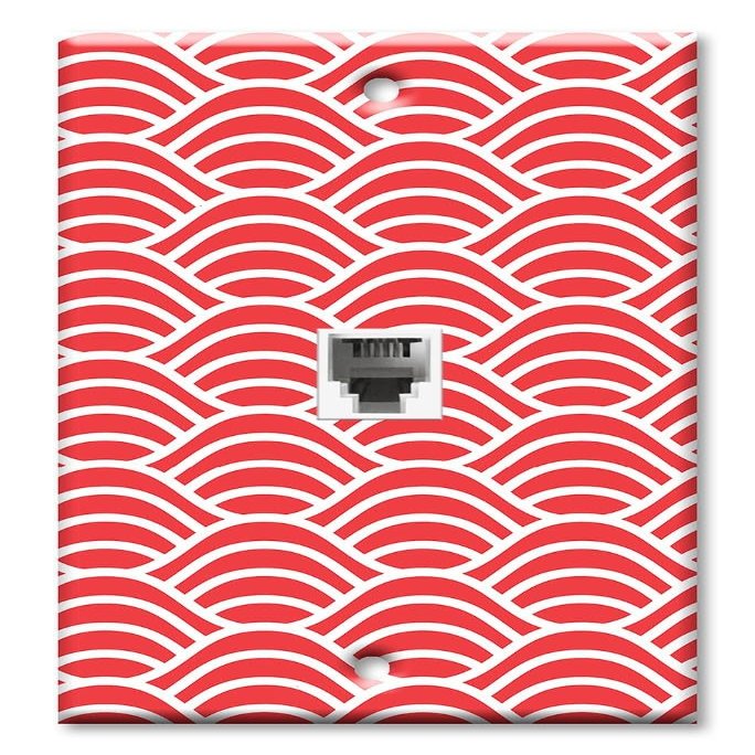 Art Plates - One Port RJ11 - Telephone decorative printed keystone style wall plate. CAT3 - RJ12 Female to Female phone jack. Works for phones, fax, ect. - Red and White Waves